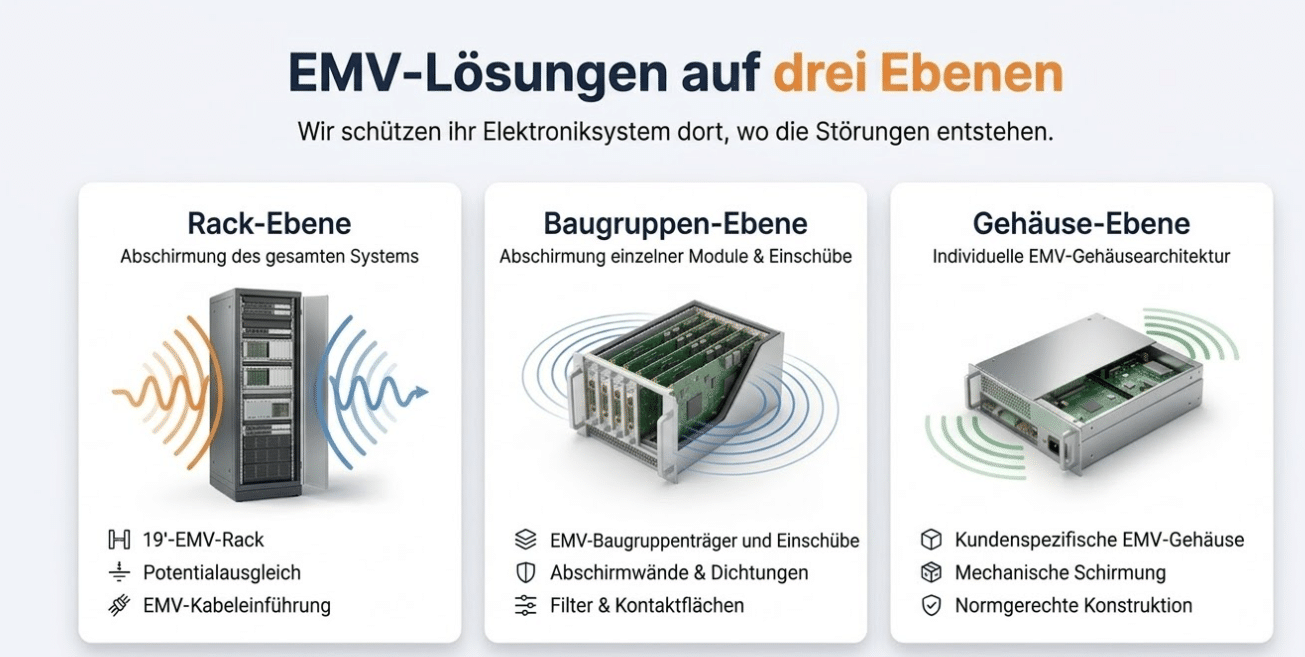 Darstellung von EMV-Lösungen auf drei Ebenen: Rack-, Baugruppen- und Gehäuseebene zur Reduzierung von Störungen und Sicherstellung elektromagnetischer Stabilität in industriellen Systemen. EMV-optimierte 19″-Racks und Gehäuse