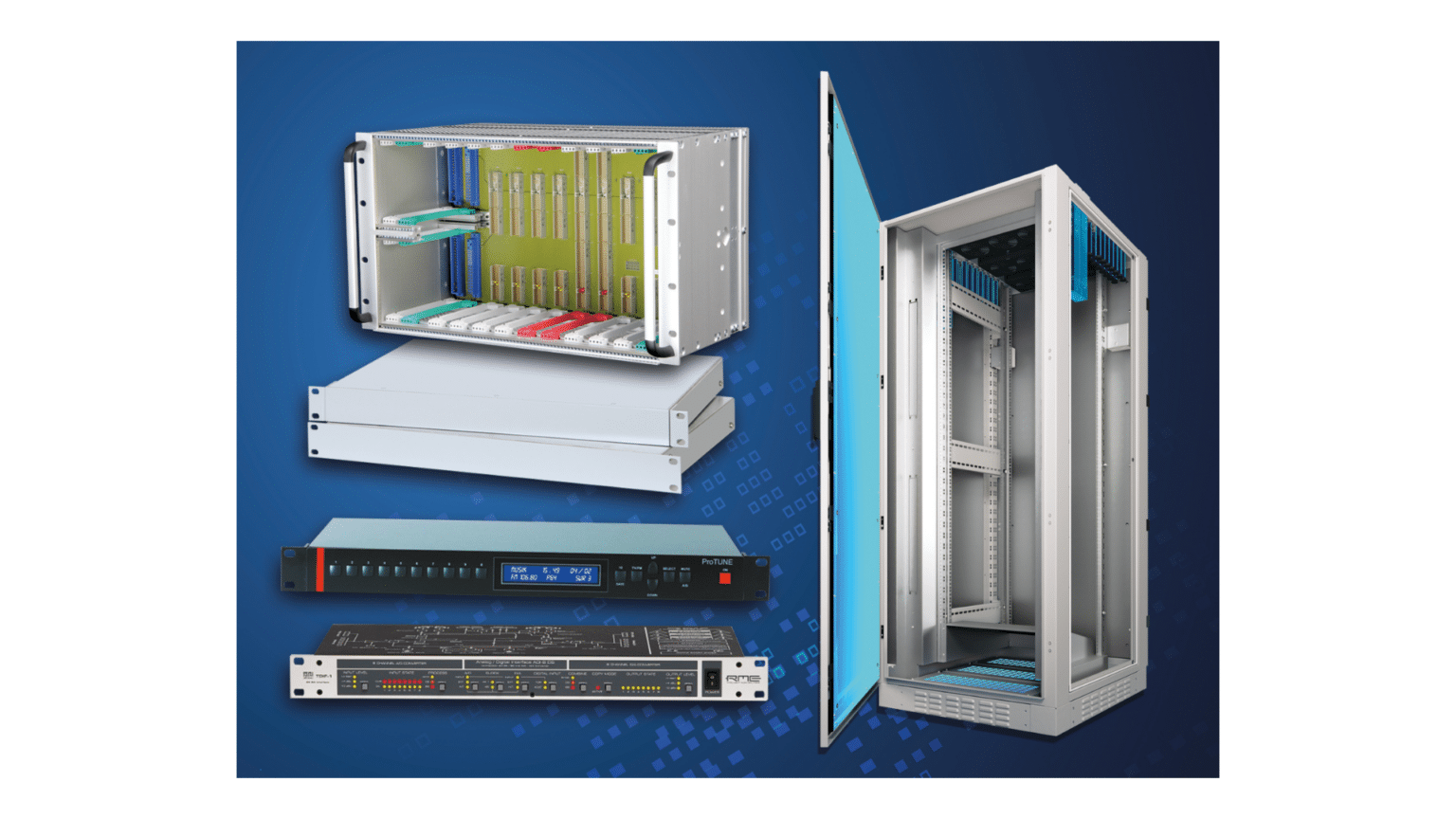 EMV-optimierte 19″-Racks, Einschübe und Gehäuse für Industrieanwendungen, entwickelt für Prüflabore, Maschinenbau und Medizintechnik zur Reduzierung elektromagnetischer Störungen
