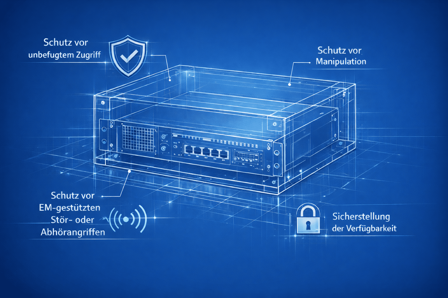Blaues technisches Blueprint-Bild eines 19-Zoll-Rack-Systems mit hervorgehobenen Sicherheitsfunktionen: Schutz vor unbefugtem Zugriff, Manipulation, elektromagnetischen Stör- und Abhörangriffen sowie Sicherstellung der Systemverfügbarkeit im Sinne von Defense-in-Depth.