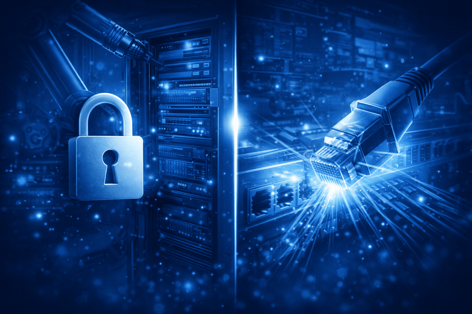 Digitales Sicherheitsmotiv: Links ein verschlossenes Server-Rack mit Vorhängeschloss als Symbol für physischen Zugriffsschutz, rechts ein Roboterarm, der an einer Schnittstelle arbeitet und mögliche Manipulation darstellt – verdeutlicht die Bedeutung von Tamper-Schutz als Teil ganzheitlicher Cyber-Security in Industrie, Automatisierung sowie KRITIS- und BOS-Anwendungen.